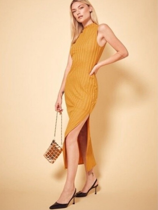 Reformation Dresses & Skirts - Reformation Lynn Midi Dress Sleeveless Mustard Ribbed Side Slit